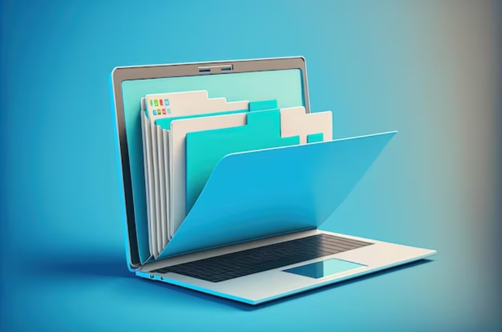 a 3D file folder on a laptop screen with the blue background