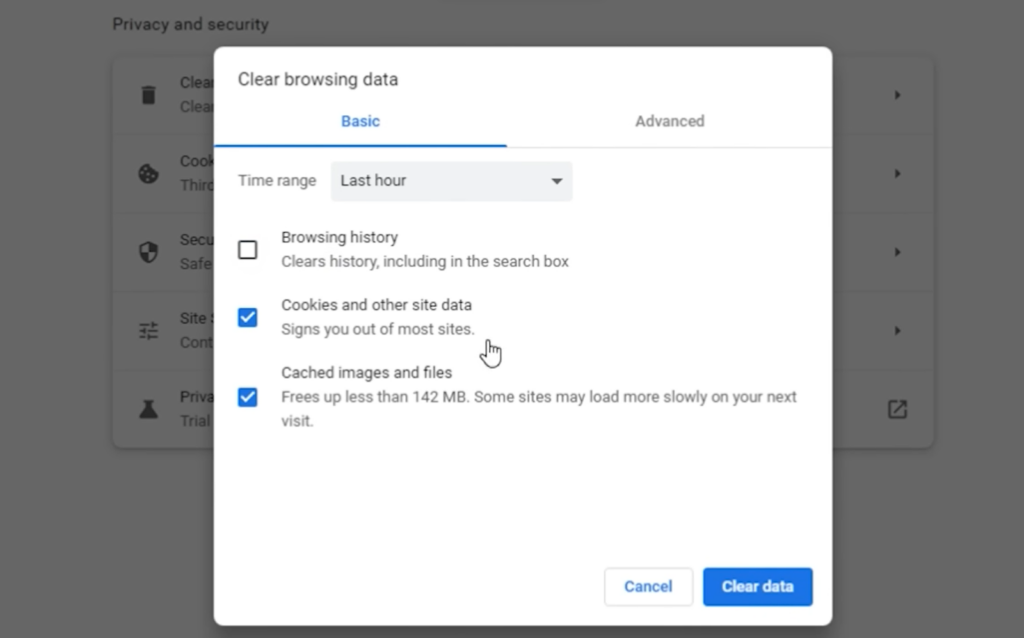 deleting cache files - cookies and other site data and cached images and files