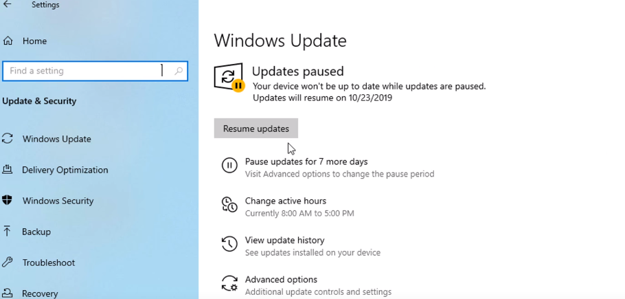 Windows Update settings on computer screen