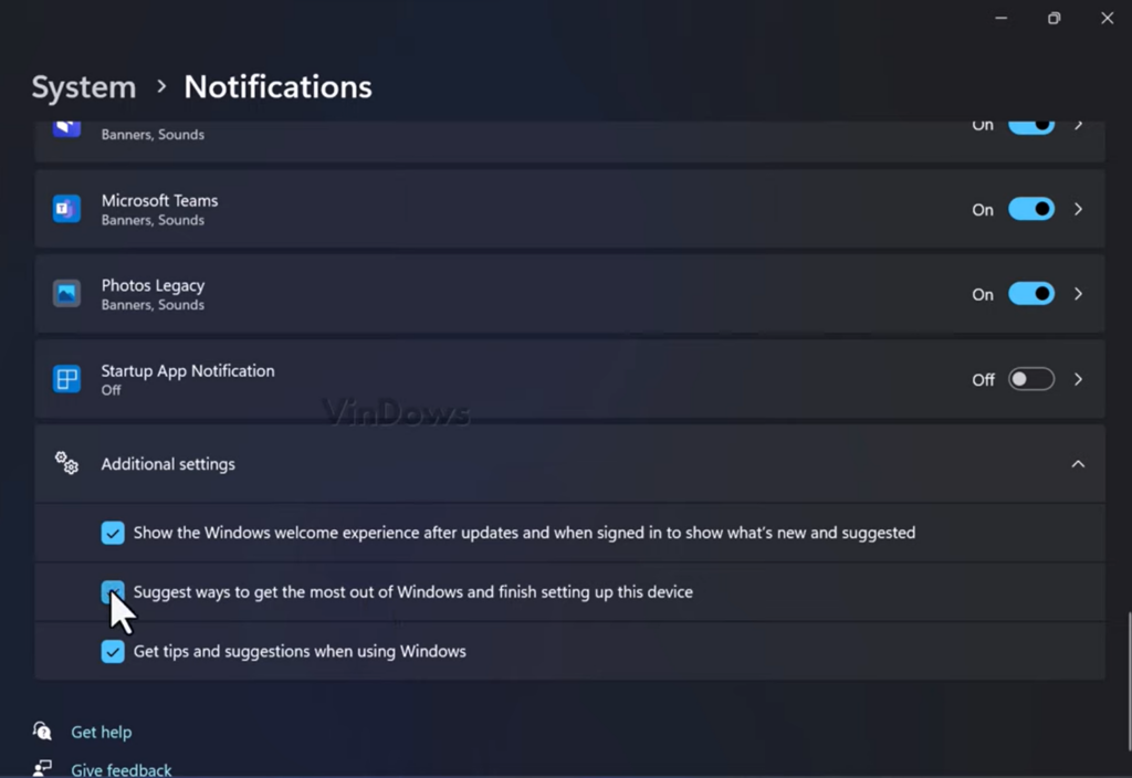 system notifications settings - additional settings